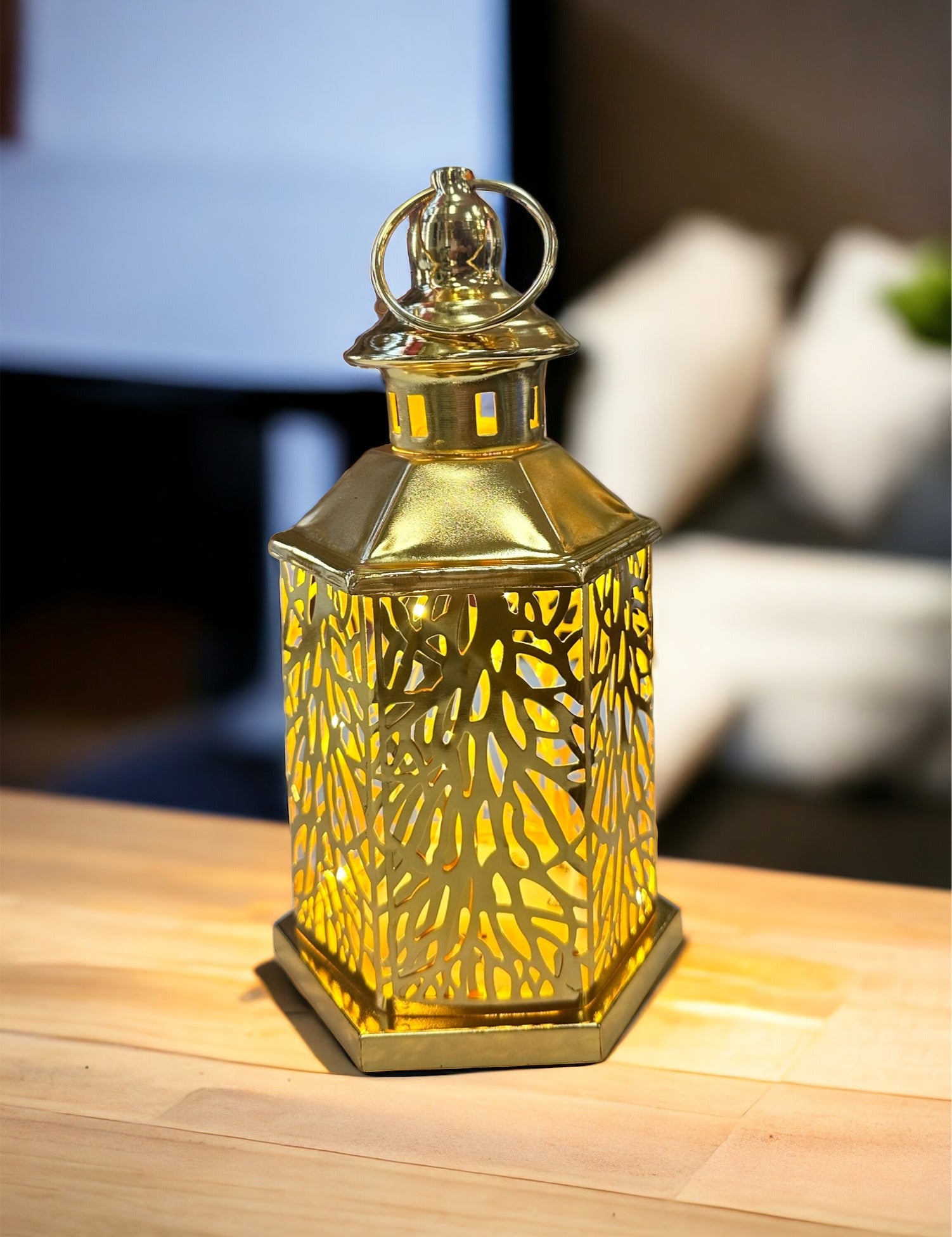 Gold Fancy Ramadan Hexagonal Lantern Lamp with LED Light | Khan El Khalili