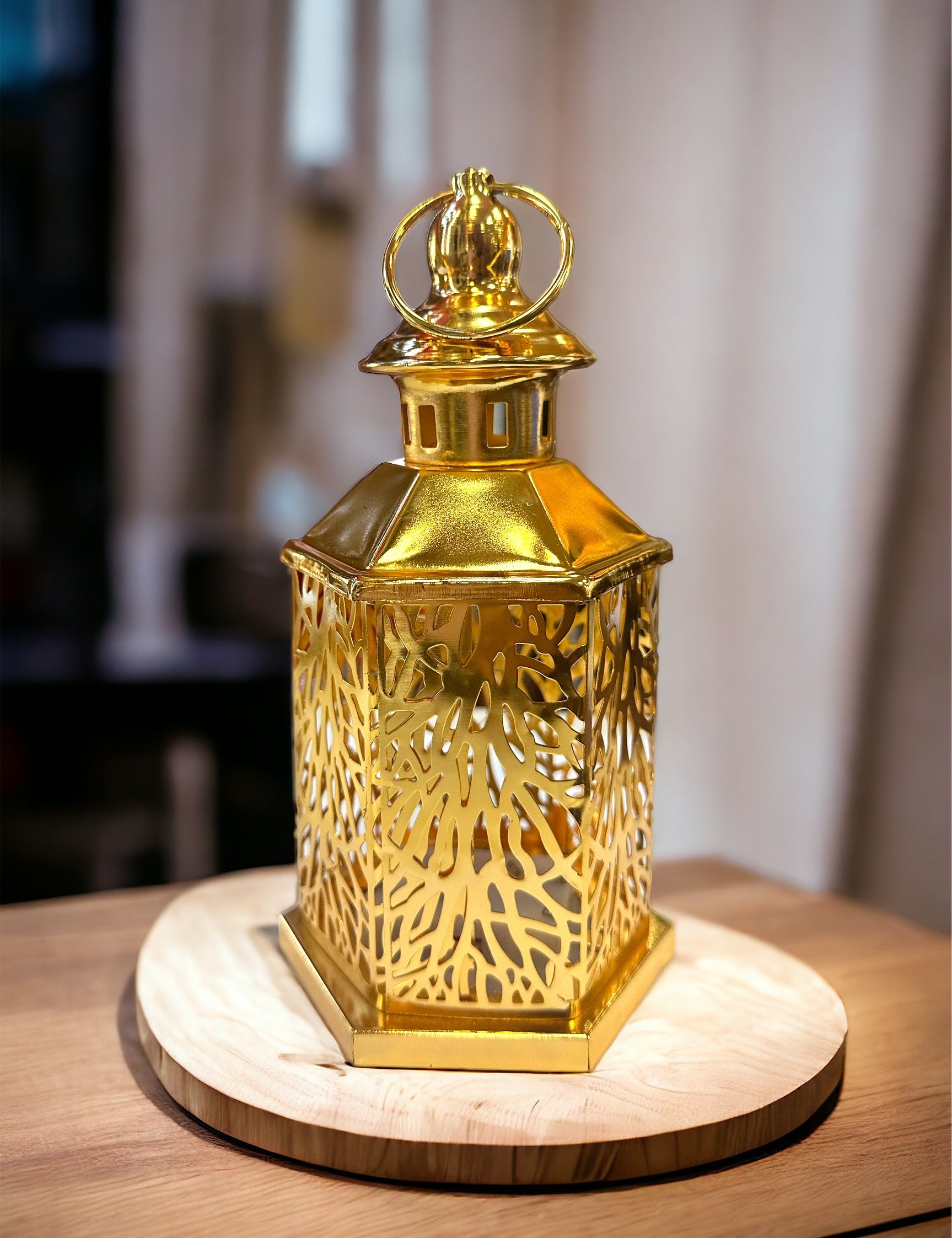 Gold Fancy Ramadan Hexagonal Lantern Lamp with LED Light | Khan El Khalili
