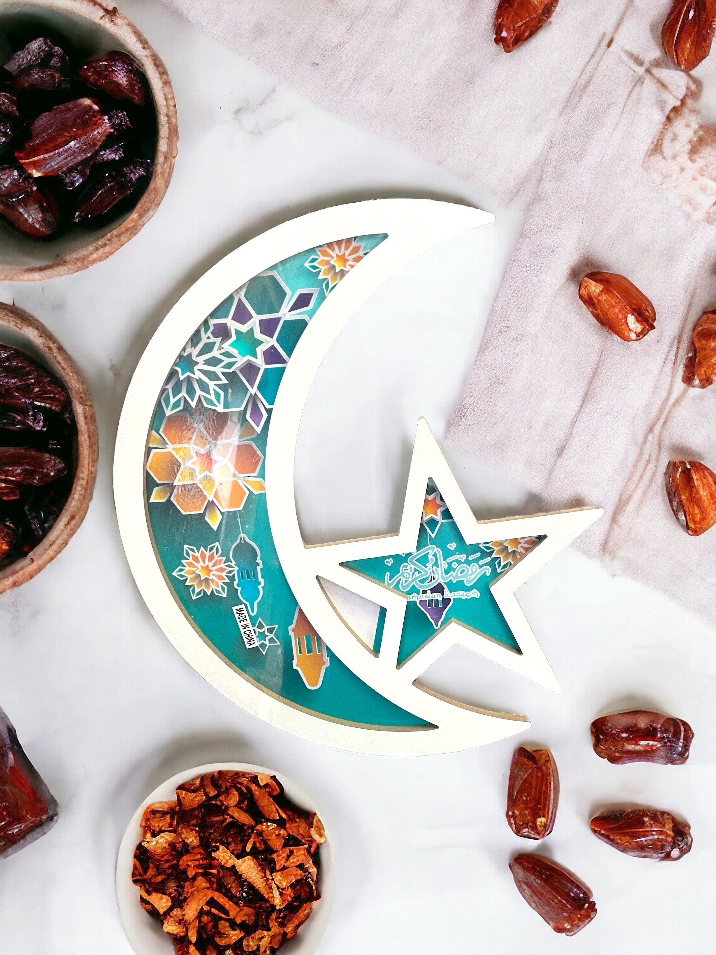 Ramadan Wooden Crescent & Moon Tray - Turquoise – Khan El Khalili