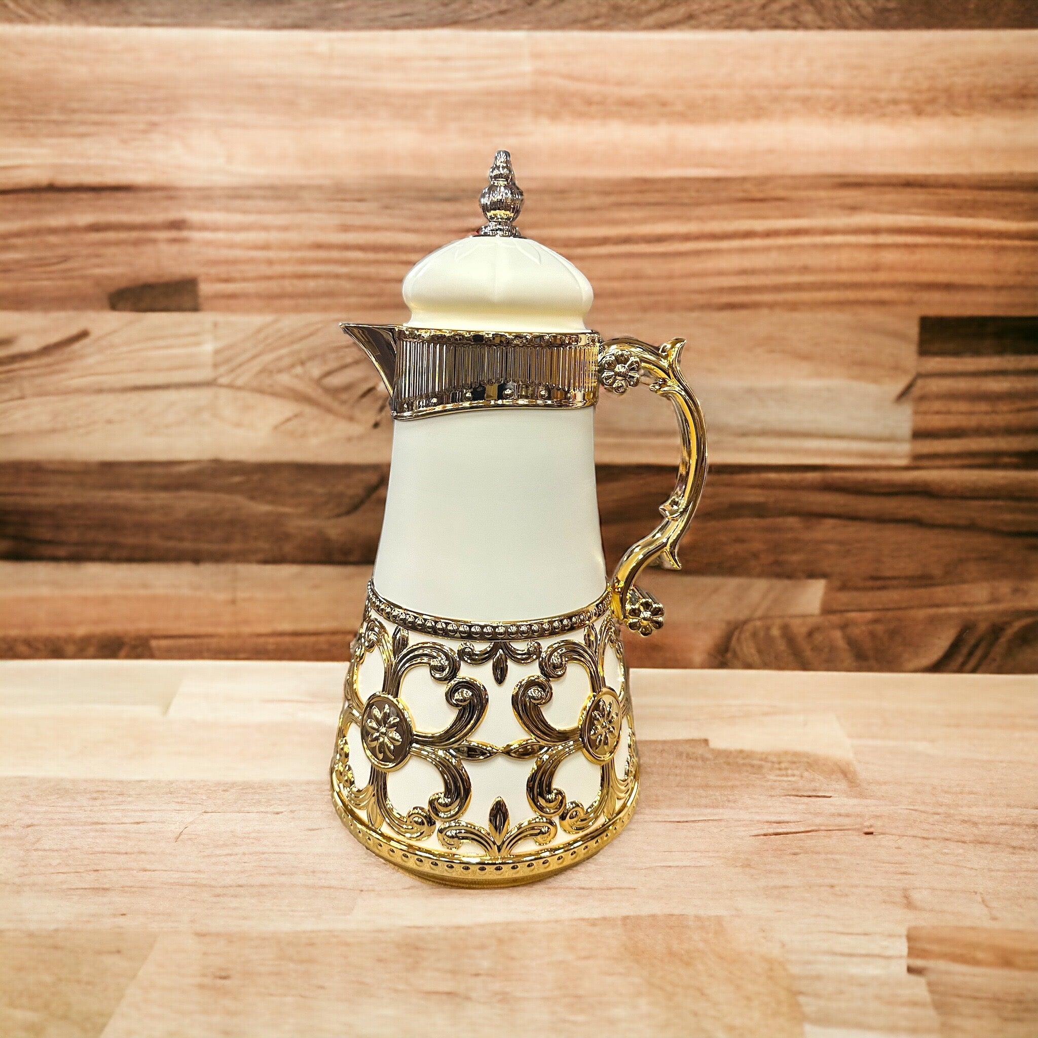 Arabian Style Cream and Gold Thermos Pitcher Flask Pot for Coffee or Tea 