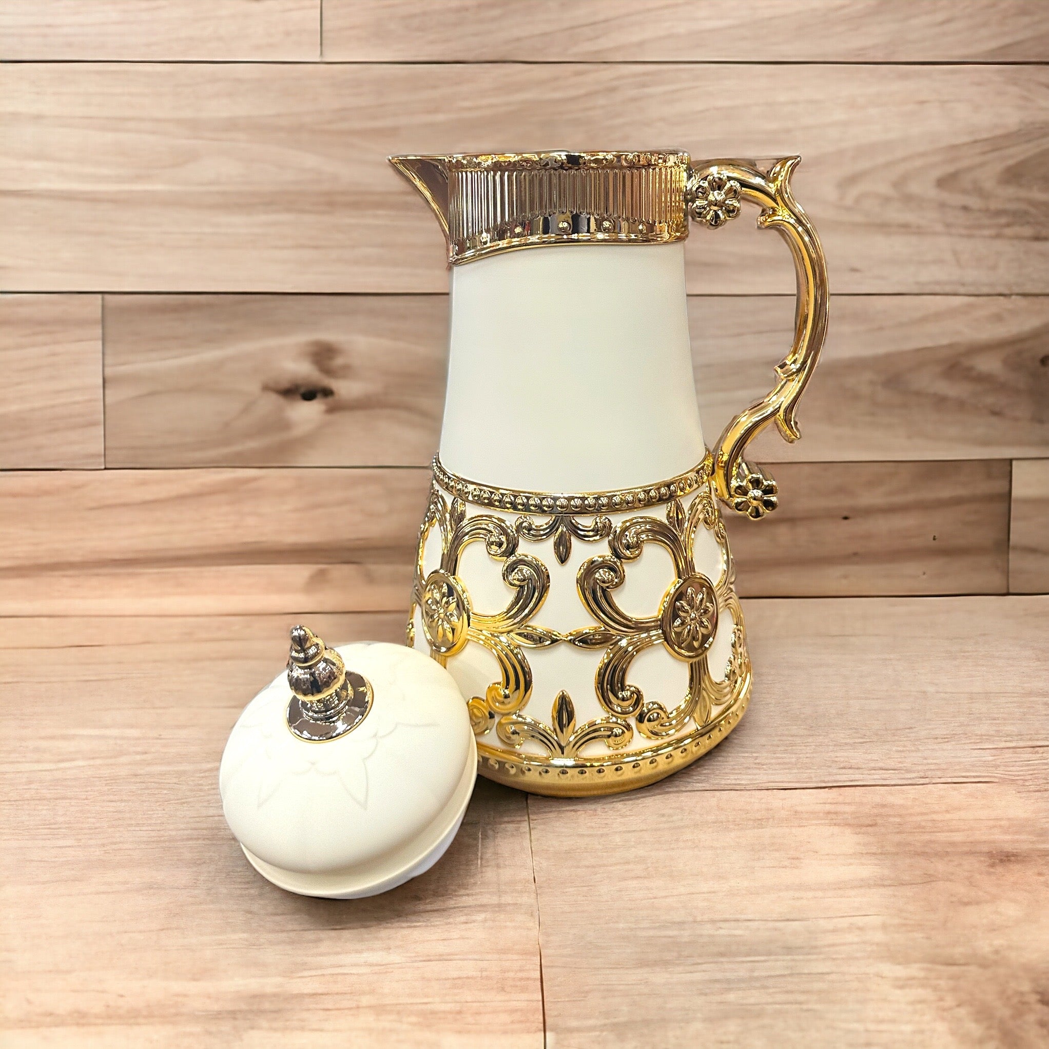 Arabian Style Cream and Gold Thermos Pitcher Flask Pot for Coffee or Tea