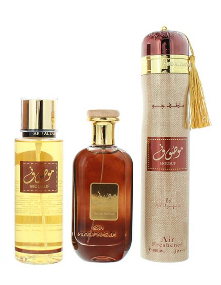 Mousuf Gift Set (Eau De Perfume 100ml, Perfume Mist 250ml, Air Freshener 300ml) by Ard Al Zaafaran