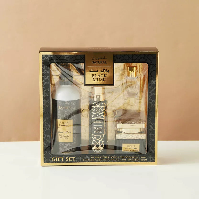 Hamidi Natural Black Musk 4pcs Gift Set- : A/F 480ML + 50GM Muattar + 100ML EDP + 12ML CPO
