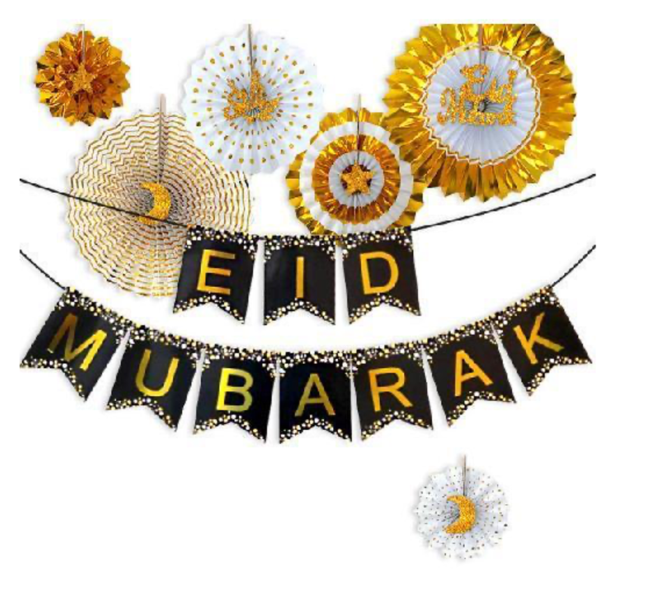 Eid Mubarak Banner Decoration Gold Black White 