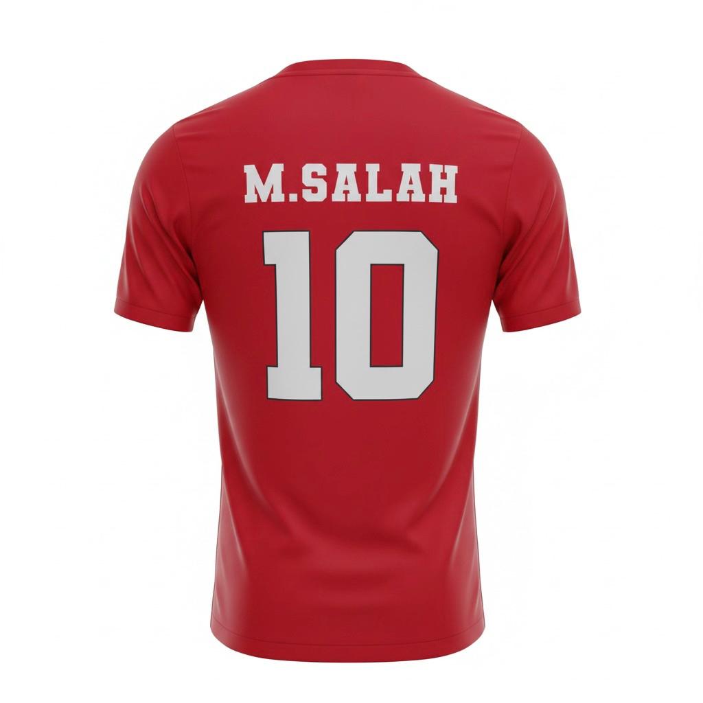 Red sports jersey with 'M.Salah 10' printed on the back against a white background