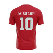 Red sports jersey with 'M.Salah 10' printed on the back against a white background