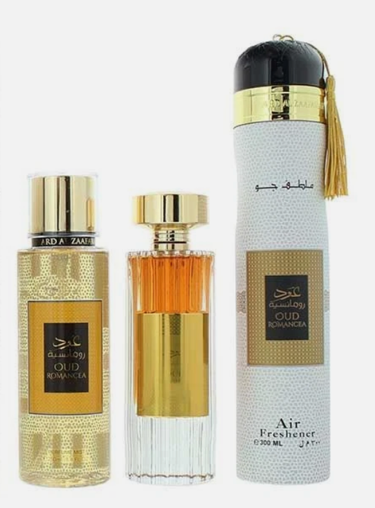 Oud Romancea Gift Set (Eau De Perfume 100ml, Perfume Mist 250ml, Air Freshener 300ml) by Ard Al Zaafaran