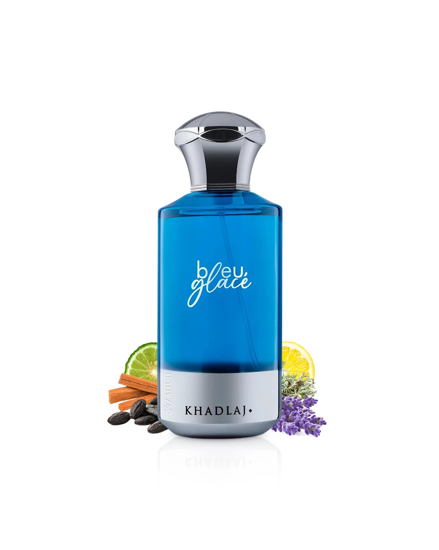 khadlaj-Bleu-glace-perfume-bottle-surrounded-with-tonka-and-lavender-against-white-background.webp
